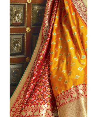 Mustard yellow designer banarasi Patola fusion saree with embroidered silk blouse 2
