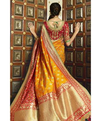 Mustard yellow designer banarasi Patola fusion saree with embroidered silk blouse 3