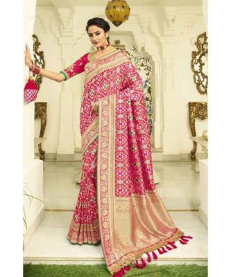 Mauve pink designer banarasi Patola fusion saree with embroidered silk blouse 1