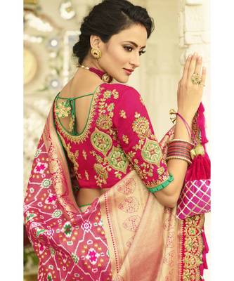 Mauve pink designer banarasi Patola fusion saree with embroidered silk blouse 3
