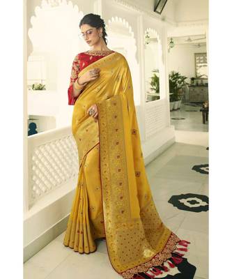 Mustard yellow designer banarasi saree with embroidered silk blouse 1