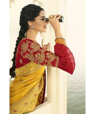 Mustard yellow designer banarasi saree with embroidered silk blouse 2