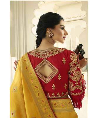 Mustard yellow designer banarasi saree with embroidered silk blouse 3