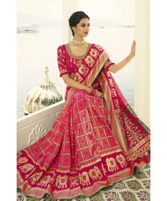 Pink designer banarasi patola fusion saree with embroidered silk blouse 2