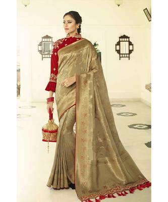 Antique gold designer banarasi saree with embroidered silk blouse 1