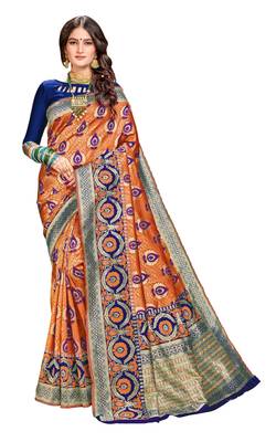 Orange plain banarasi silk saree with blouse 1