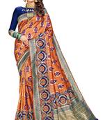 Orange plain banarasi silk saree with blouse