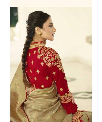 Antique gold designer banarasi saree with embroidered silk blouse 2
