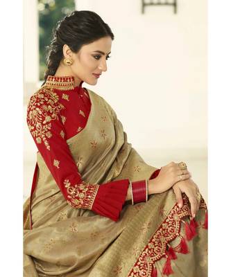 Antique gold designer banarasi saree with embroidered silk blouse 3