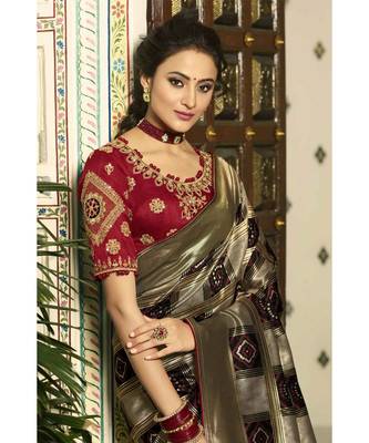 Bronze black designer banarasi patola fusion saree with embroidered silk blouse 3
