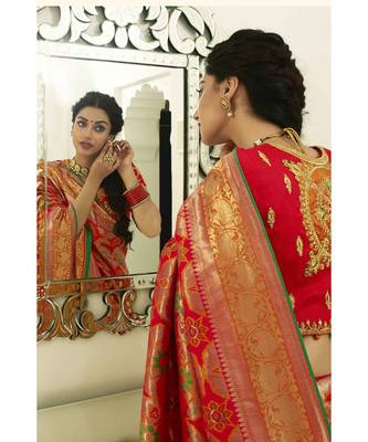 Bridal red designer banarasi patola fusion saree with embroidered silk blouse 1