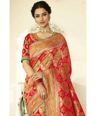 Bridal red designer banarasi patola fusion saree with embroidered silk blouse 2