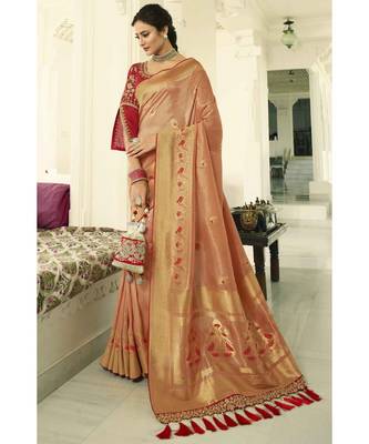 Peach designer banarasi patola fusion saree with embroidered silk blouse 1