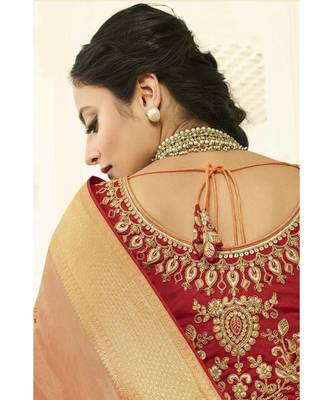Peach designer banarasi patola fusion saree with embroidered silk blouse 2
