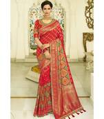 Red green designer banarasi patola fusion saree with embroidered silk blouse