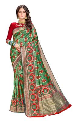 Green plain banarasi silk saree with blouse 1