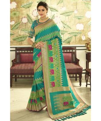 Teal blue designer banarasi patola fusion saree with embroidered silk blouse 1