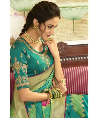 Teal blue designer banarasi patola fusion saree with embroidered silk blouse 3