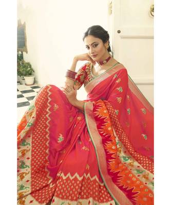 Peach pink designer banarasi patola fusion saree with embroidered silk blouse 1