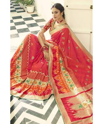 Peach pink designer banarasi patola fusion saree with embroidered silk blouse 2
