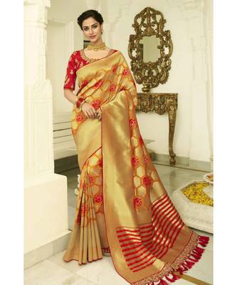 Yellow designer banarasi patola fusion saree with embroidered silk blouse 1