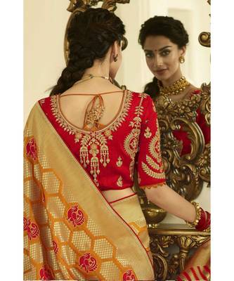 Yellow designer banarasi patola fusion saree with embroidered silk blouse 2