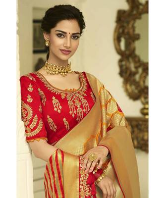 Yellow designer banarasi patola fusion saree with embroidered silk blouse 3