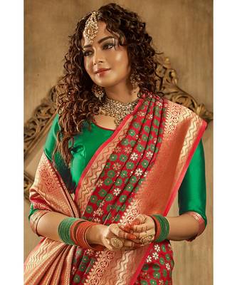 Rosy red zari work banarasi saree with blouse 2