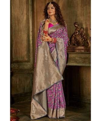 Slivery grey zari work banarasi saree with blouse 1