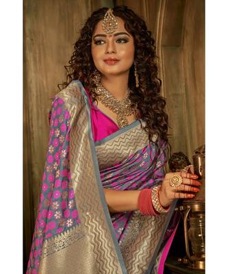 Slivery grey zari work banarasi saree with blouse 3