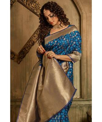 Navy blue zari work banarasi saree with blouse 2
