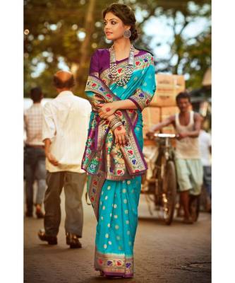 Gorgeous bright blue tussar paithani fusion saree with blouse  From 1