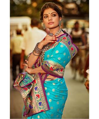 Gorgeous bright blue tussar paithani fusion saree with blouse  From 2