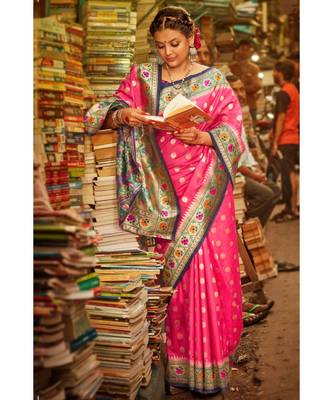 Gorgeous bubblegum pink tussar paithani fusion saree with blouse 1