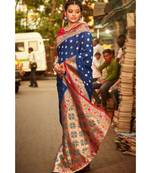 Gorgeous royal blue tussar  paithani fusion saree with blouse