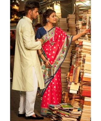 Gorgeous watermelon red tussar paithani fusion saree with blouse 1