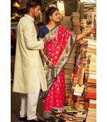 Gorgeous watermelon red tussar paithani fusion saree with blouse