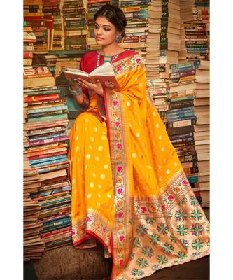 Gorgeous turmeric yellow tussar  paithani fusion saree with blouse 1