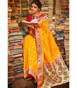 Gorgeous turmeric yellow tussar  paithani fusion saree with blouse