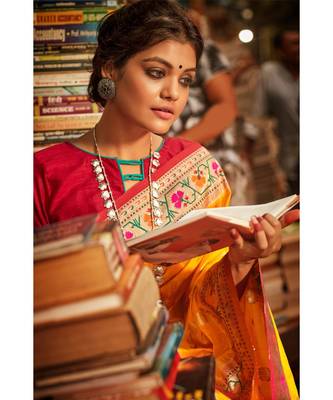 Gorgeous turmeric yellow tussar  paithani fusion saree with blouse 2
