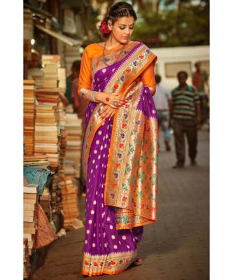 Gorgeous fulgent purple tussar  paithani fusion saree with blouse 1
