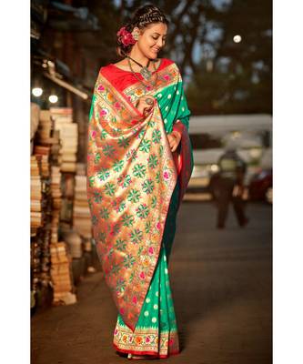 Gorgeous mint green tussar  paithani fusion saree with blouse 1