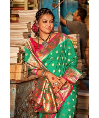 Gorgeous mint green tussar  paithani fusion saree with blouse 2