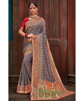 Beautiful blue red banarasi bandhej fusion saree with blouse  From 1