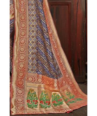 Beautiful blue red banarasi bandhej fusion saree with blouse  From 2