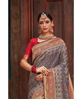 Beautiful blue red banarasi bandhej fusion saree with blouse  From 3