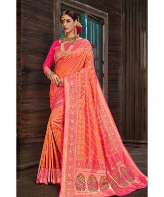 Beautiful pink orange banarasi bandhej fusion saree with blouse 1