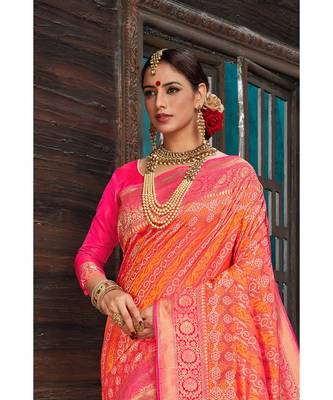 Beautiful pink orange banarasi bandhej fusion saree with blouse 3