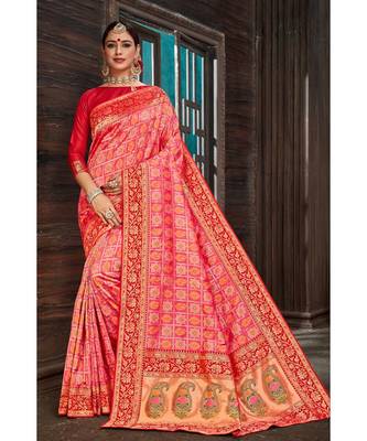Beautiful red pink banarasi bandhej fusion saree with blouse 1