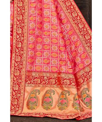 Beautiful red pink banarasi bandhej fusion saree with blouse 2